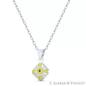 Tiny Evil Eye Charm Glass Bead Pendant in .925 Sterling Silver - Solid Yellow